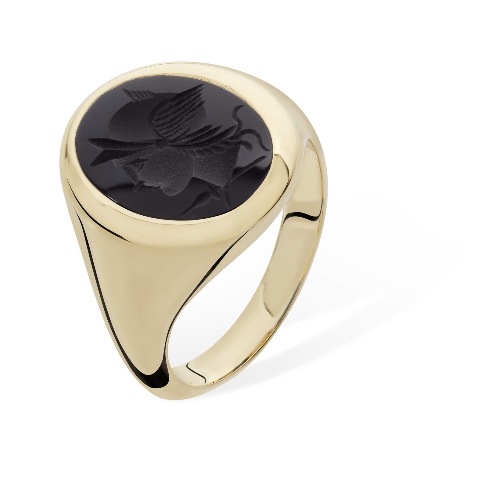 Intaglio ‘Mercury’ black onyx 9ct gold signet ring | Saunders & Pughe